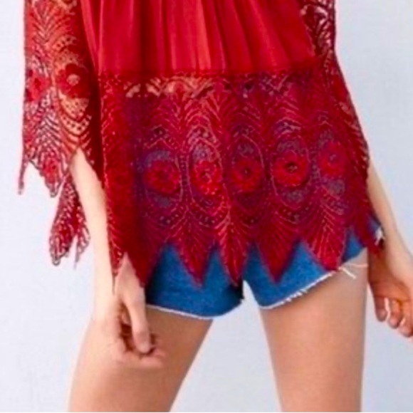 Stylish Brick Red Blouse with Lace Sleeves and Waist - Picture 4 of 15